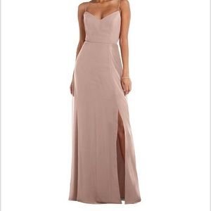 Dessy Tie-Back Cutout Maxi Dress with Front Slit. Color: Bliss, Size 4